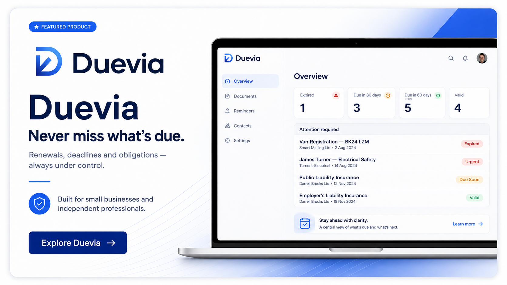 Duevia featured product visual showing document renewals, deadlines and obligations management.